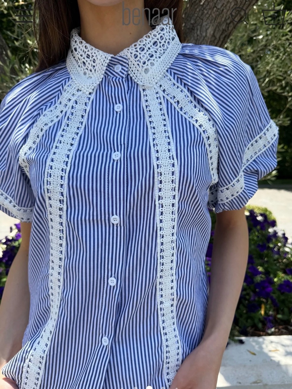 Blue & White Striped Crochet-Trim Button Front Blouse